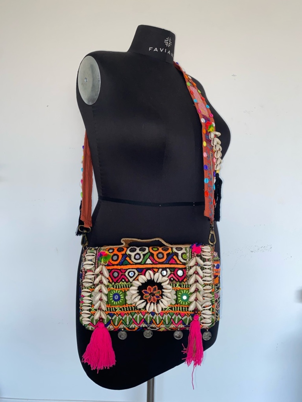 Bohemian Embroidered Crossbody Bag with Fuchsia Tassels